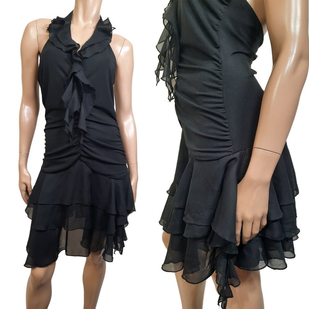 Y2K Black Ruffled Halter Dress Size S Gothic Fairy Grunge Whimsigoth Witchy